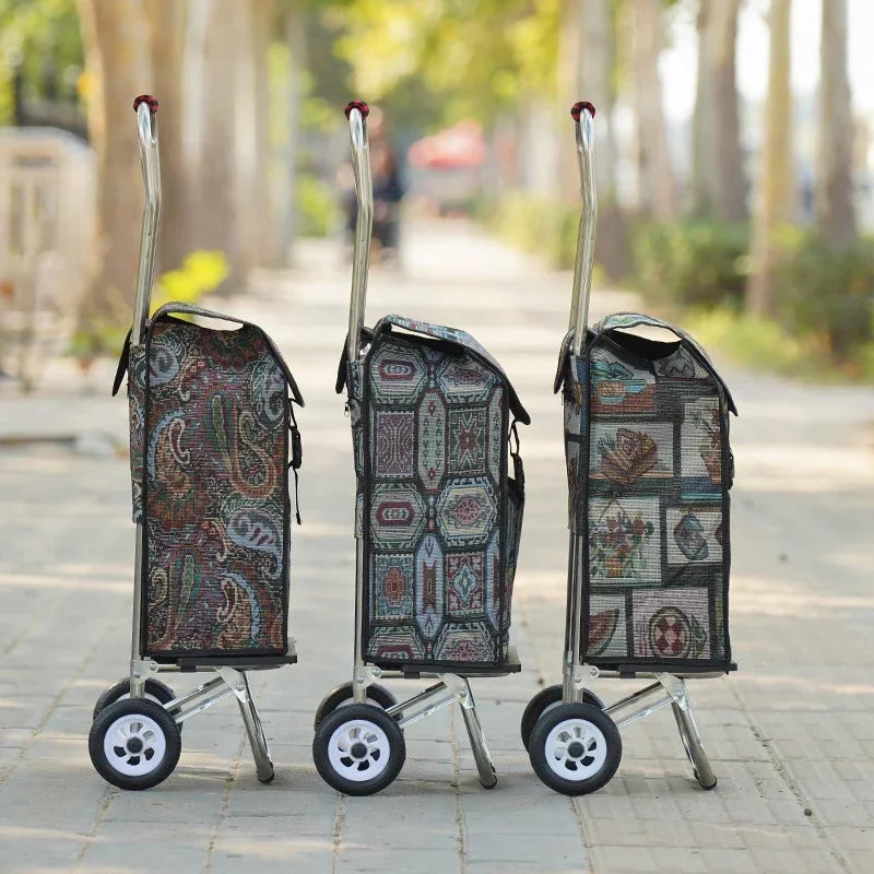 Household Goods Shopping Cart Folding Supermarket Vegetable Market Shopping Cart Oxford Stainless Steel Frame Pull Rod Truck Oasis Select