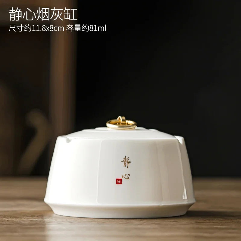 Sheep Fat Jade Ashtray Simple Article with Cover Fly Ash White Porcelain Ashtray Decoration for Household Living Room Ashtray Oasis Select B