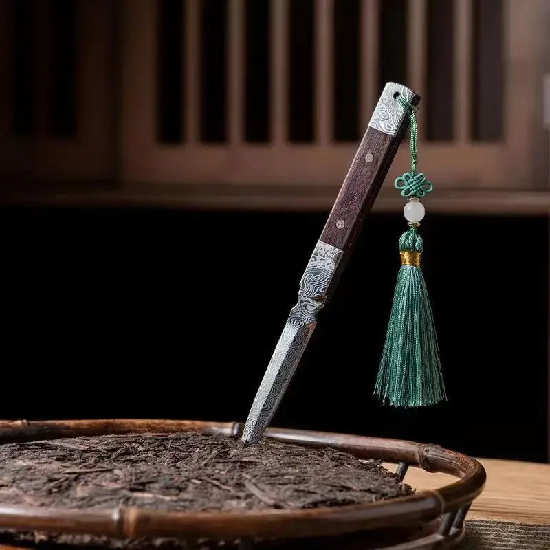 Zen Tea Knife Handmade Needle Black Sandalwood Damascus Pattern Steel Puer Tea Knife Tea Set Accessories Oasis Select