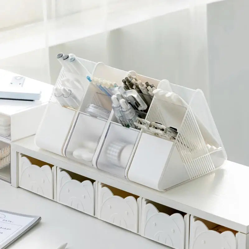 Plastic Slanted Pen Holder Multi Compartments Clear Slots Heavy Duty Desktop Organizer for Home Office School Supplies Storage Oasis Select