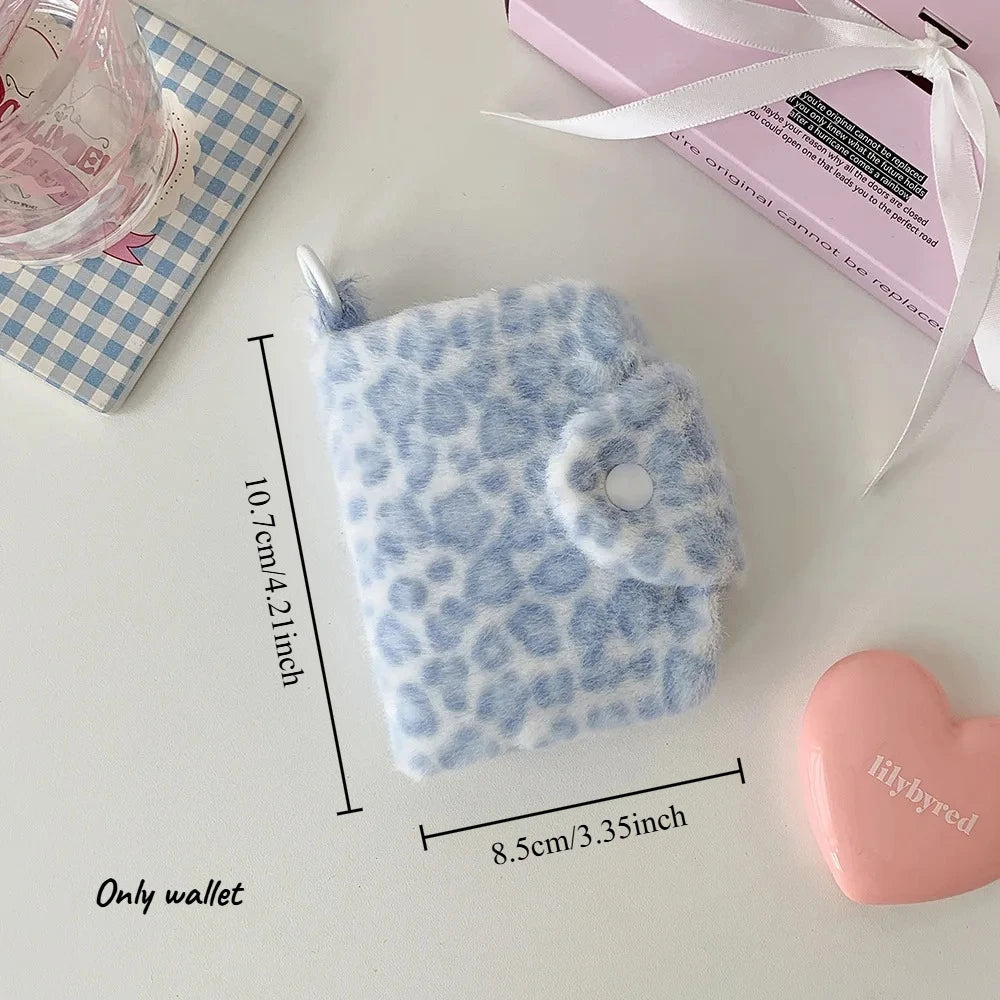 1pcs Female Leopard Print Plush Snap Button Coin Purse High-value Pendant Small Wallet Student Portable Meal Card Storage Bag Oasis Select blue