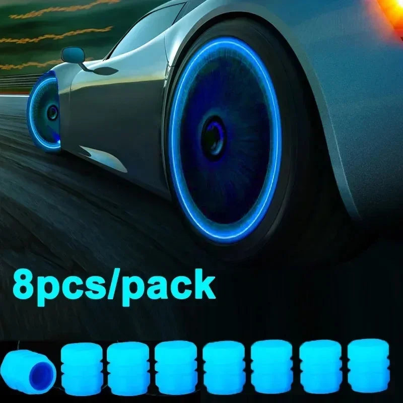 4/8/16/24pcs Tire Valve Caps Motorcycle Bike Wheel Nozzle Dustproof Tyre Valve Stem Fluorescent Night Glowing Car Accessories Oasis Select 8pcs (Blue)