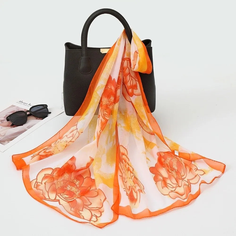 Gifts Chiffon Printed Silk Scarf Floral Lotus Thin Beach Travel Photography Shawl Breathable Long Silk Scarf Oasis Select 4