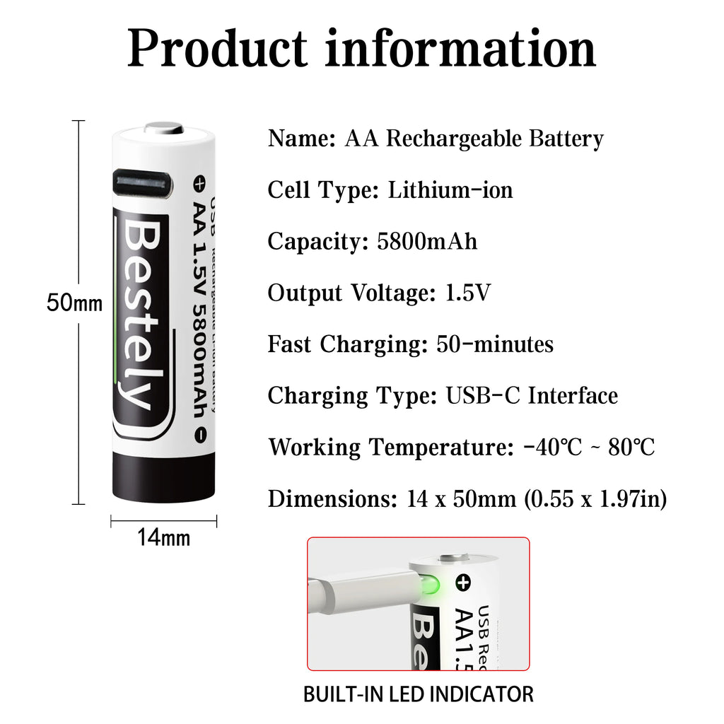 AA Rechargeable Batteries 1.5V 5800mAh Li-ion Battery Long-Lasting High Capacity Lithium Akku, 2000 Cycle with Free USB-C Cables Oasis Select