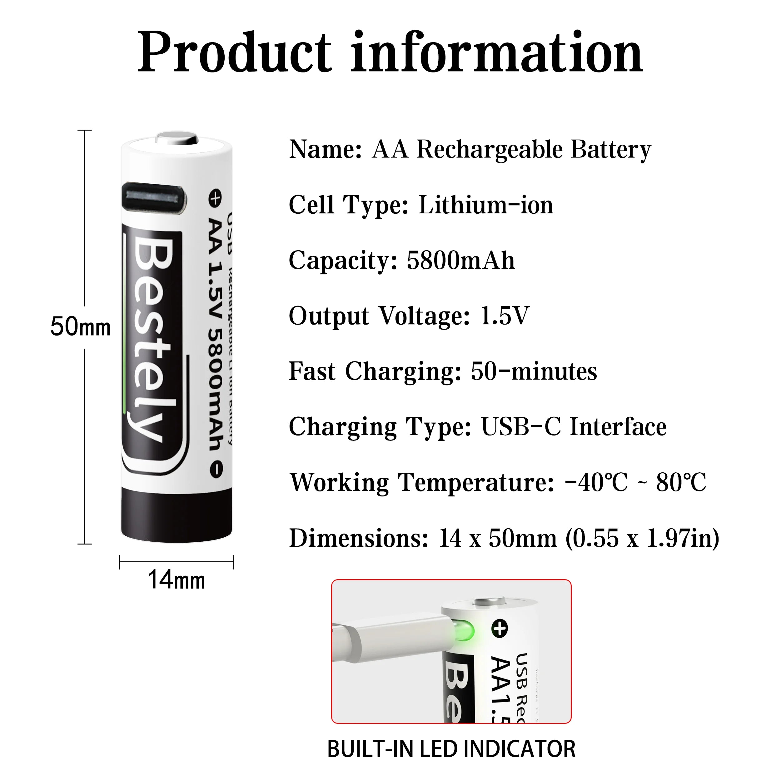AA Rechargeable Batteries 1.5V 5800mAh Li-ion Battery Long-Lasting High Capacity Lithium Akku, 2000 Cycle with Free USB-C Cables Oasis Select