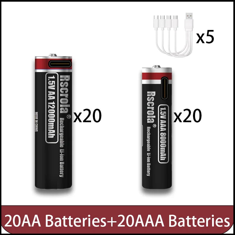 High Capacity 1.5V AA 12000mAh/AAA 8000mAh Rechargeable Lithium Battery Type-C Fast Charging for Remote control RC Mouse Toy Oasis Select 20AA 20AAA 1.5V