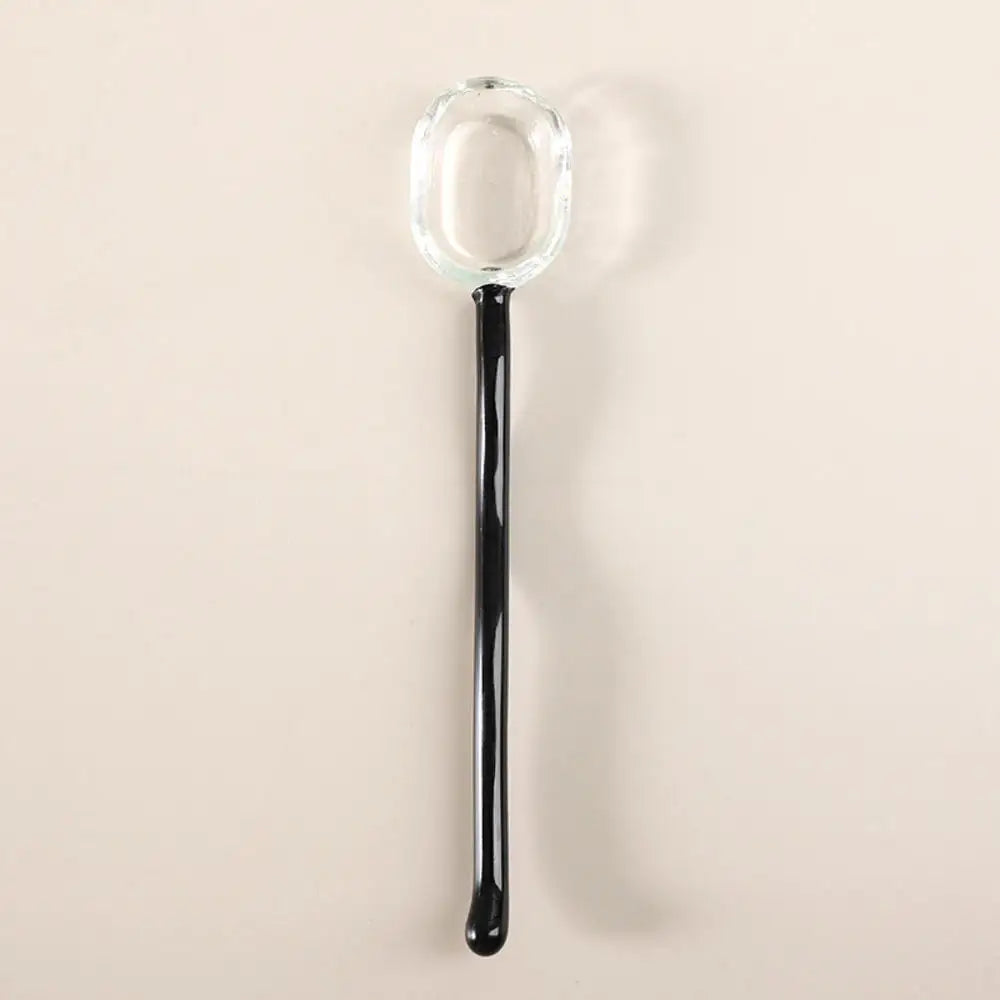 Simple Creative Milk Dessert Spoon Color Pastoral High Temperature Resistant Glass Spoon Cute Long Handle Coffee Mixing Spoon Oasis Select Black-15.5x3