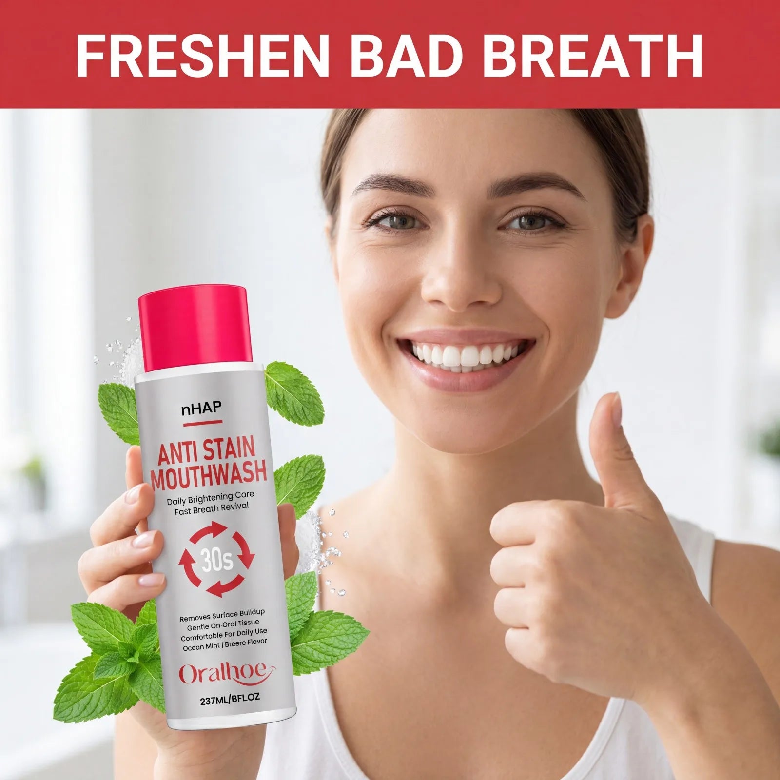 nHAP Anti Stain Mouthwash Whitening Breath Freshening Removes Surface Buildup Gentle Oral Care Mint Long Lasting Home Care 237ml Oasis Select