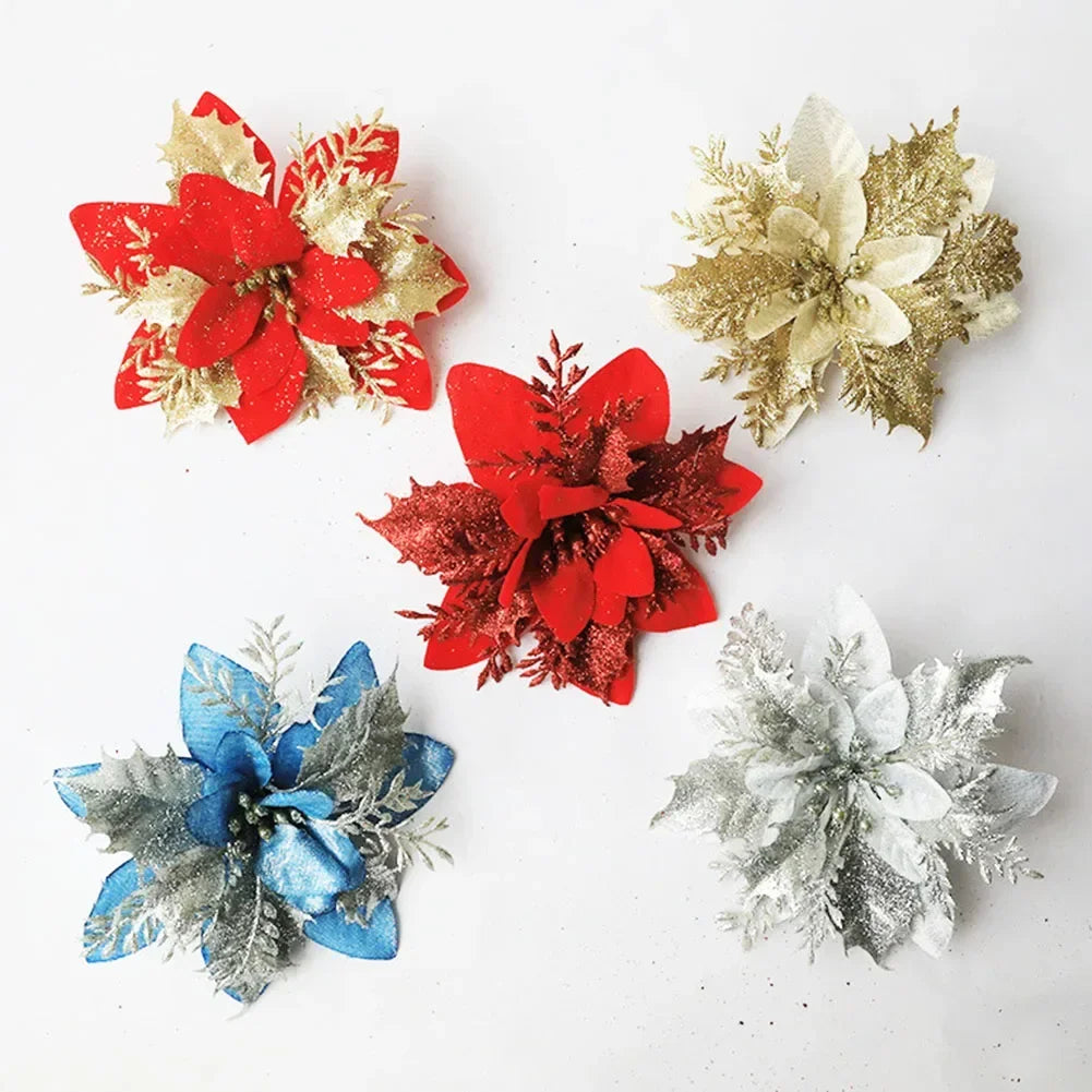 Christmas Poinsettia Glitter Flower Hanging Xmas Party Tree Decoration Xmas Tree Ornament Home Decoration Navidad New Year Oasis Select