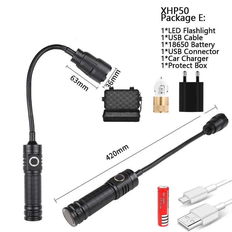 USB Rechargeable XHP50 LED Flashlight Flexible Pickup Tool Lamp with Magnet Zoomable Torch Multifunctional Foldable Flashlight Oasis Select Package E