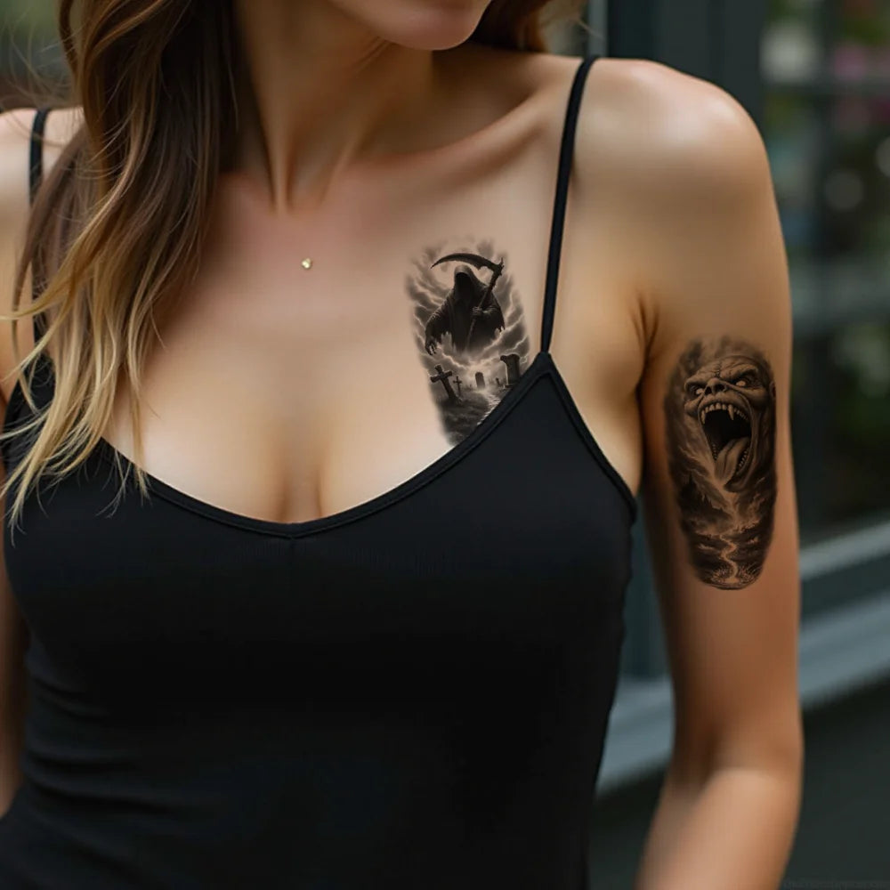12pcs Halloween Temporary Tattoos – Grim Reaper, Vampire & Witch