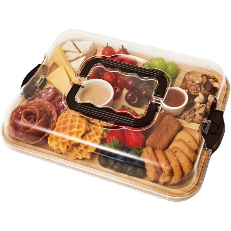 6 Compartment Bamboo Snack Tray with Clear Airtight Lid, Locking Clips Detachable Handle, Portable Platter Charcuterie Organizer Oasis Select