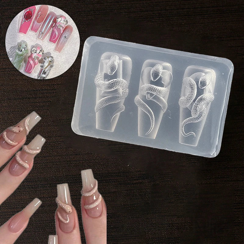 1/3Pcs 3D Nail Silicone Carving Mold Snake DIY Nail Decoration Art Nail Beauty Charm Silicone Nail Mold Nail Nails Products Oasis Select