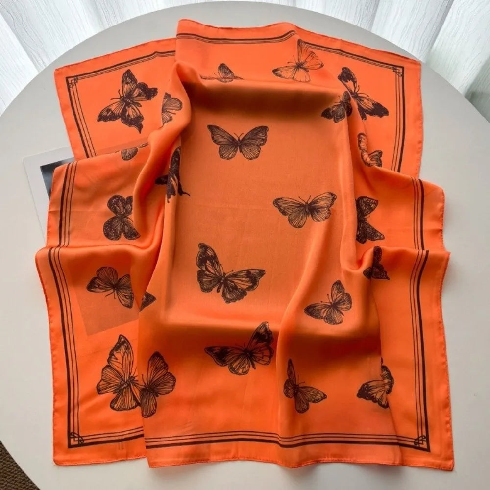 Versatile Elegant Women Scarf Square Shape Silk Imitation Neckerchief Butterfly Print Bandana Women Accessories Oasis Select Orange