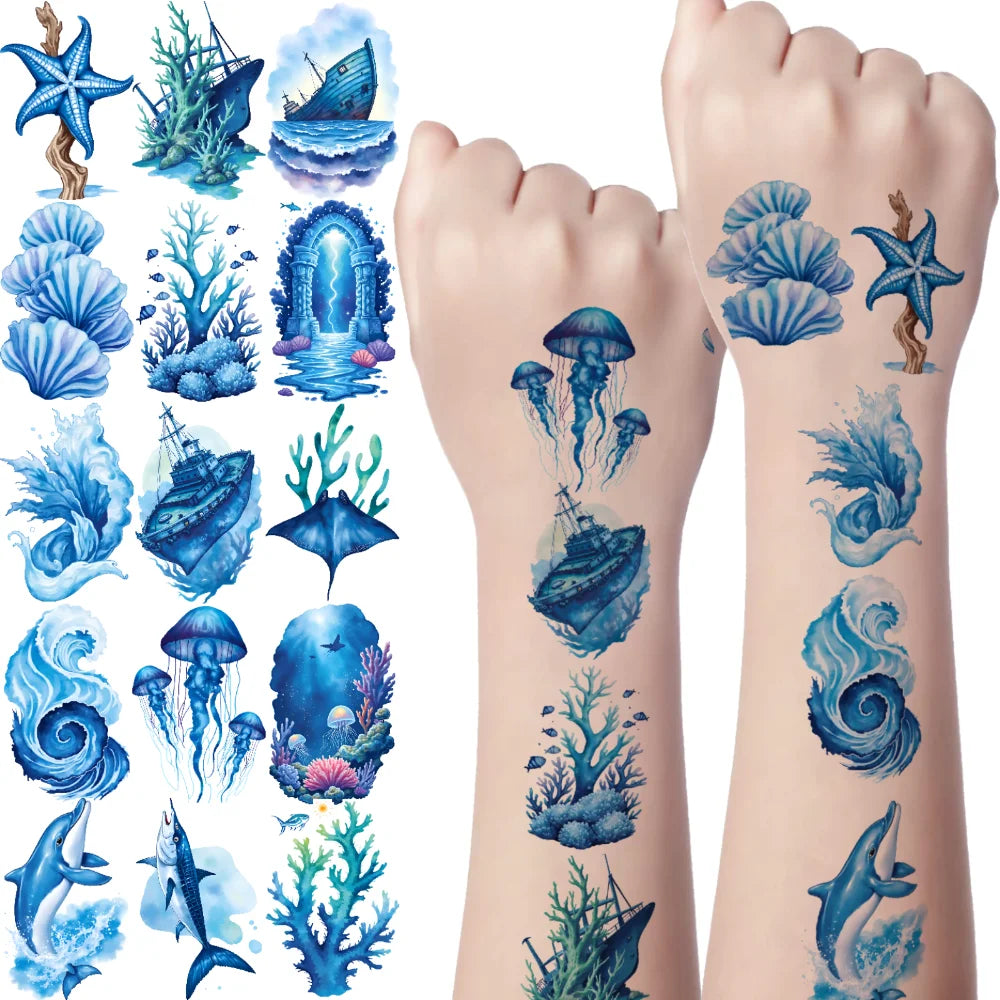 63-Piece Sea Creature Temporary Tattoos – Waterproof Stickers Temporary Tattoo Set Oasis Select