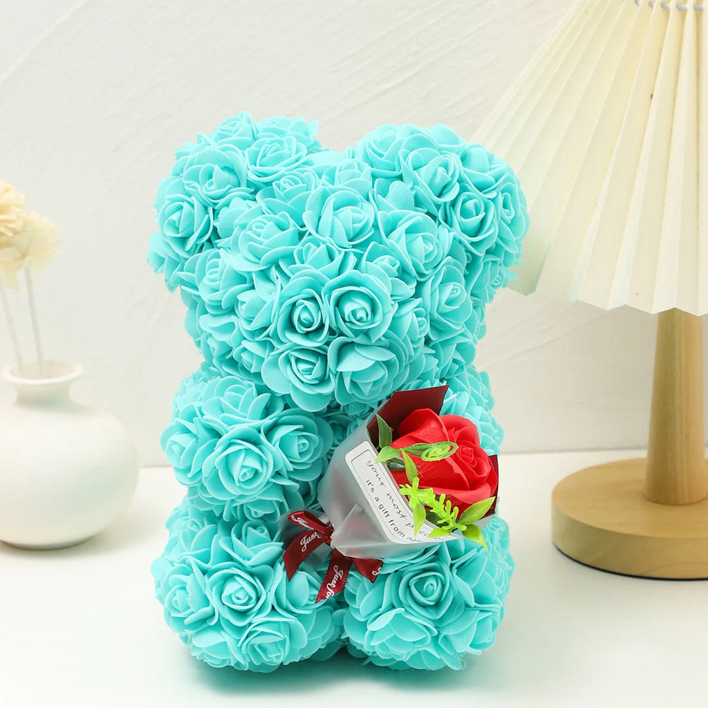 Foam rose teddy bear carry bouquet. Ideal for weddings, Mother's Day, thank you to nurses/teachers or other celebrations! Oasis Select SKY BLUE