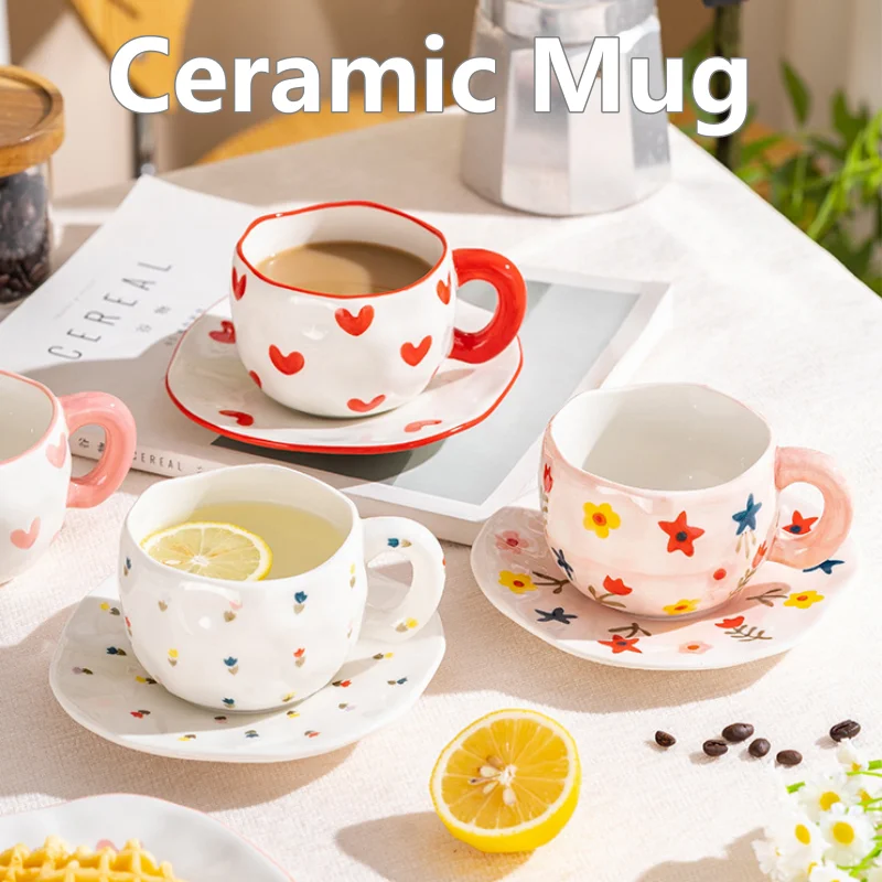 300ML Ceramic Mug Flower Heart Pattern Cute Hand Pinched Irregular Creative Style Coffee Cup Breakfast Milk Afternoon Tea Cups Oasis Select