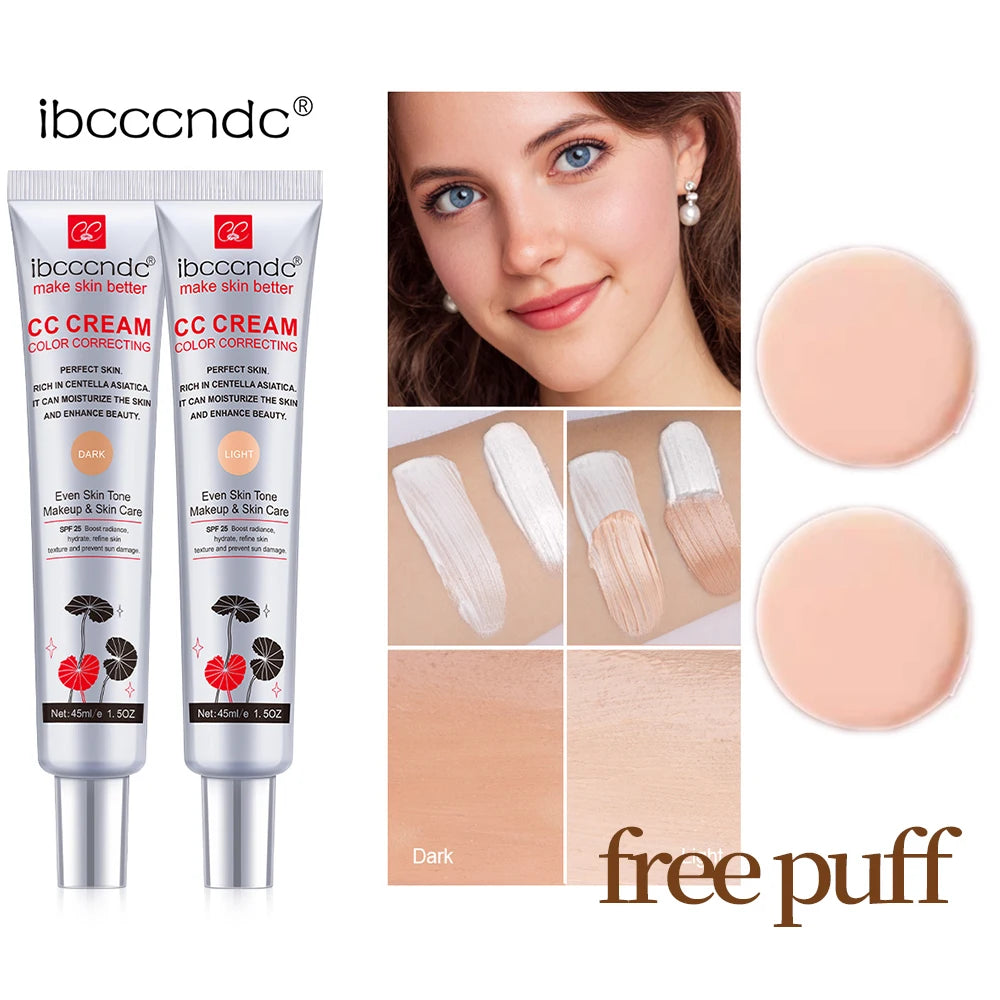 ibcccndc CC Cream 45ml – Centella Asiatica Color Correcting CC Cream Foundation Oasis Select 2pcs Free Puff