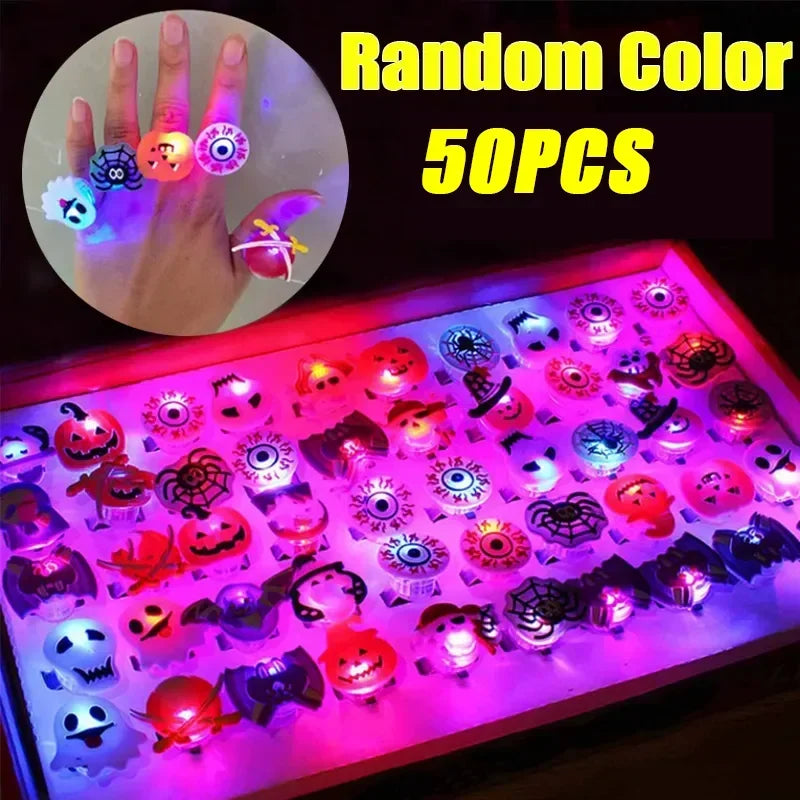 50-200PCS Halloween Glow Pumpkin Ring Cartoon Finger Light for Party Favor Small Gift Spooky Fun Night Rave Accessory Oasis Select Halloween 50PCS