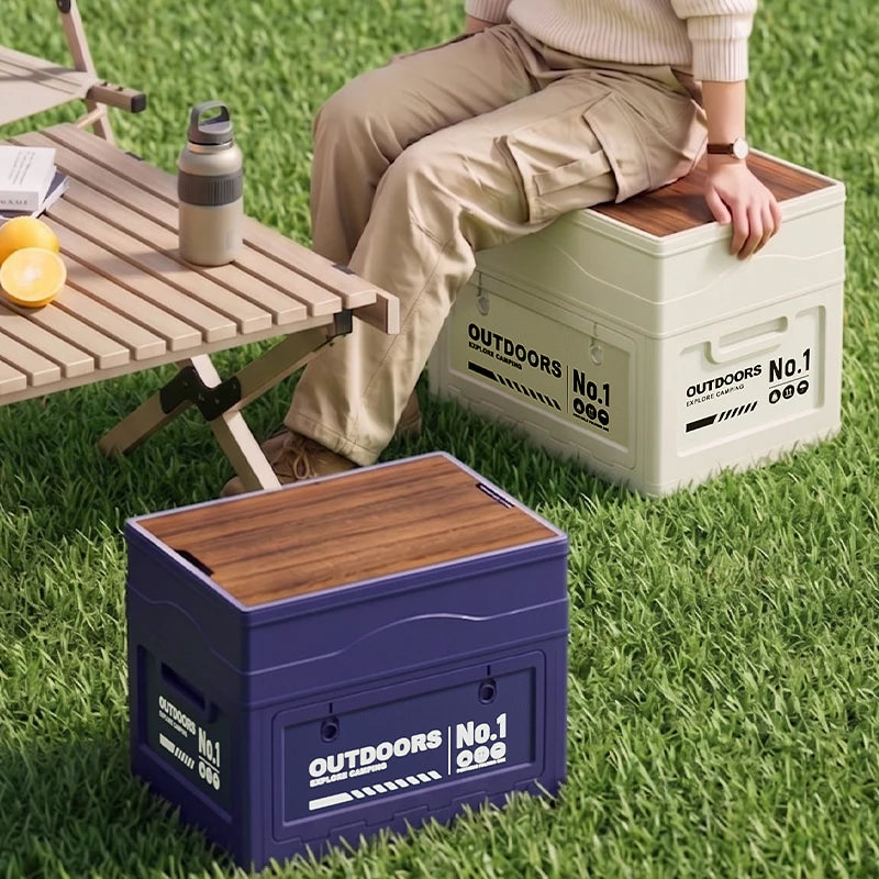Large-capacity wooden cover foldable storage box for outdoor camping storage box table integrated vehicle camping trunk Oasis Select