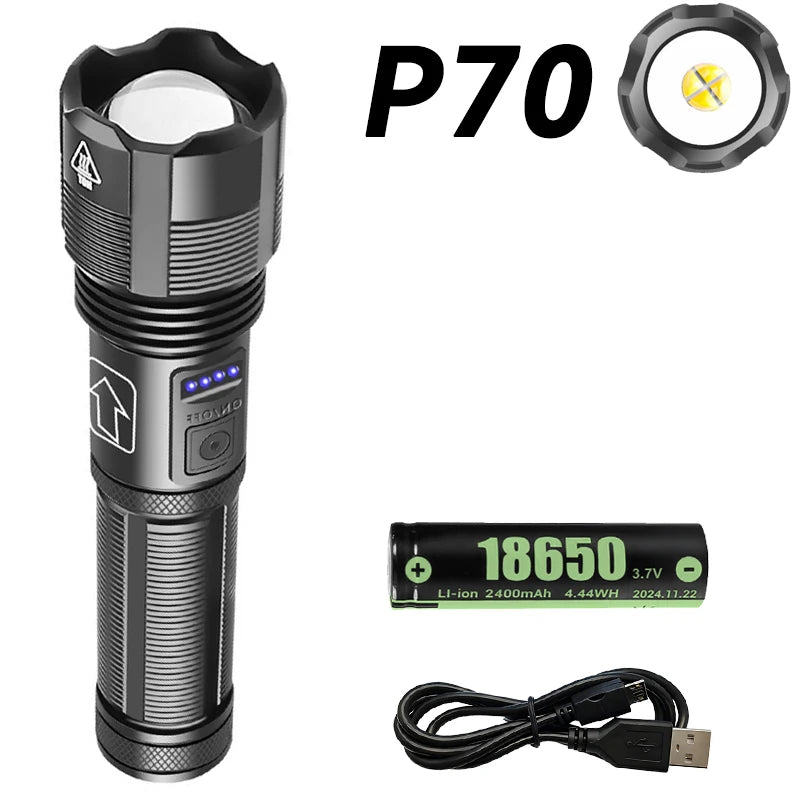 High Power Rechargeable Flashlights Ultra Powerful XHP50/XHP70 Torch Light External 18650Tactical Flashlight For Outdoor Camping Oasis Select P70-18650 Battery ZOOM