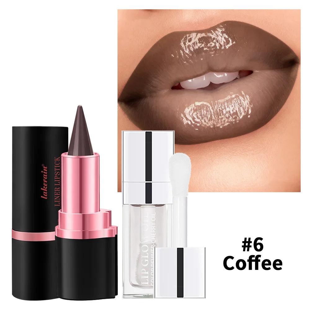 Lip Gloss & Lip Liner Set Long Lasting HydratingLip Gloss Lip Stain Contour for Every Makeup Style Women Lip Cosmetics Kit Oasis Select 6Coffee