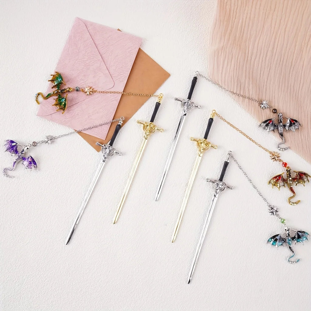 1pc Alloy Sword Dragon Bookmark, Birthday Gift for Book Lovers and Readers, Fantasy Bookworm Silver Gold Gold Pendant Oasis Select