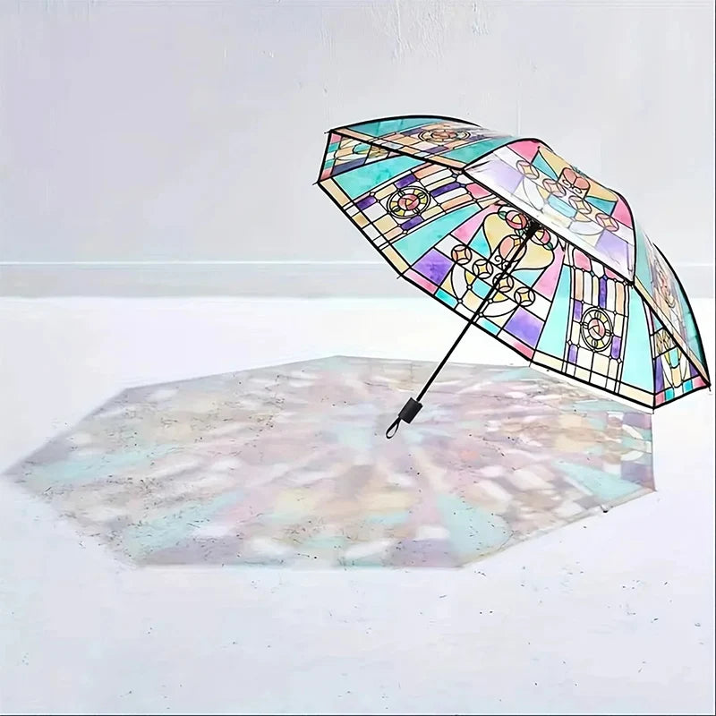 Church Retro Transparent Large Umbrella Stained Glass Transparent Umbrella Automatic Romantic Sunny Dual Use Of Rain And Light Oasis Select