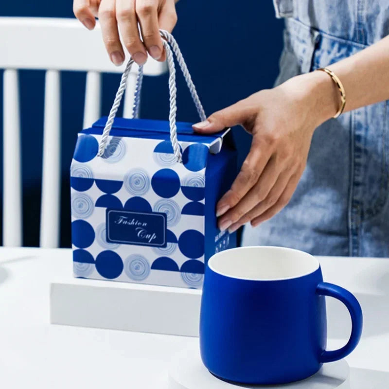 500ml Ceramic Coffee Mug with Spoon Gift Package Klein Blue Splash Ink Porcelain Mug Breakfast Oatmeal Cup Festival Gift Oasis Select