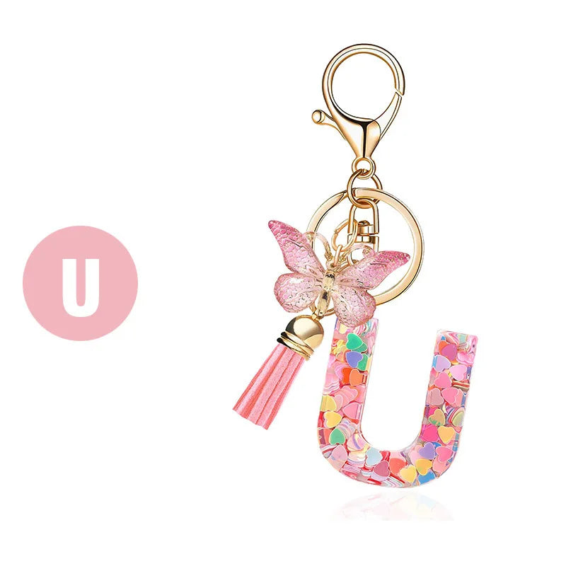 1pc Pink Glitter Letter Keychain with Heart Butterfly Tassel Crystal Resin Charm Fashion Accessory Gift for Women & Girls Oasis Select U