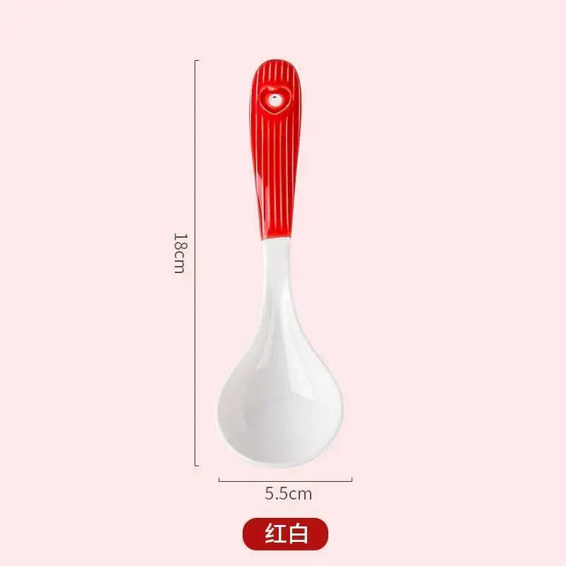 Heart Ceramic Spoon Thickened Handle Non-Scalding Large Soup Spoon Porridge Spoon Rice Spoon Tablespoon Kitchen Tablewear Oasis Select Red And White