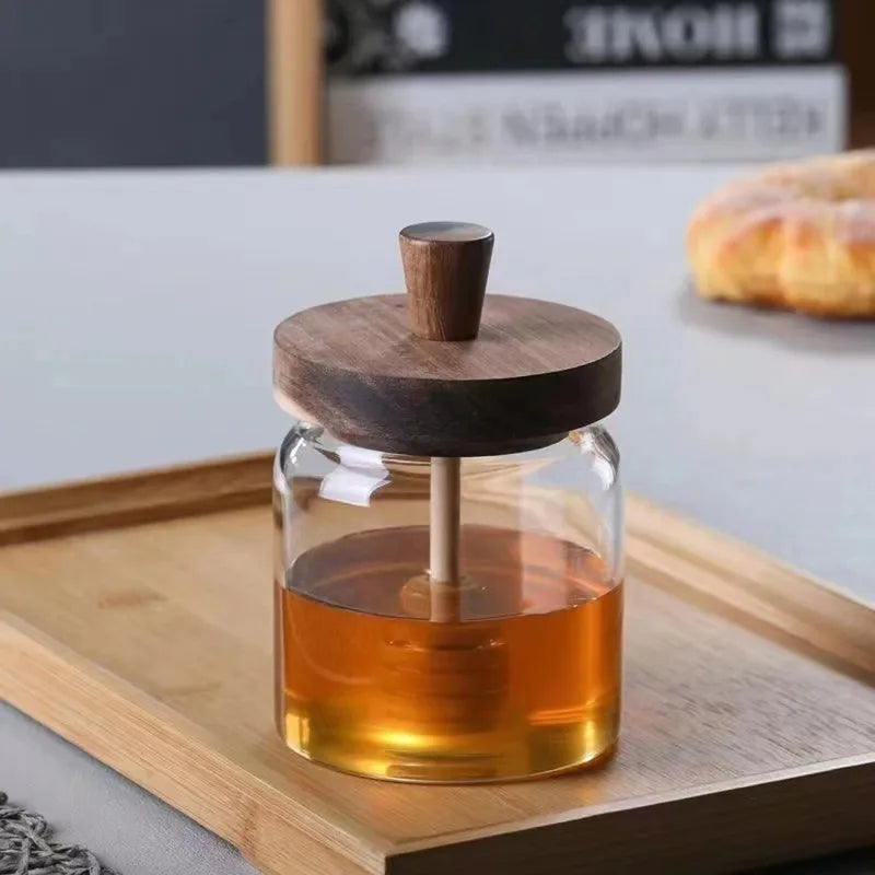 High Borosilicate Glass Honey Jar Made of Solid Wood with Stirring Rod Jam Food Storage Jar Stylish Wooden Lid Durable Oasis Select