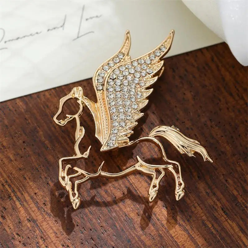 Fashion Rhinestones Alloy Horse With Wings Brooch Zodiac Pony Pins Women Men Clothing Accessory Suit Lapel Corsage New Year Gift Oasis Select Gold