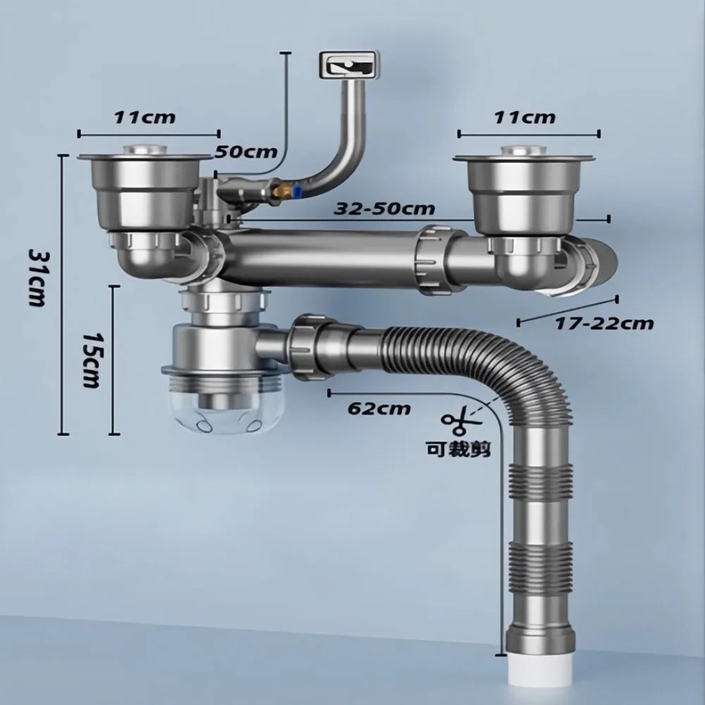 Plastic Sink Drain Pipe Set Easy Install Space Saving Sewer Replacement Pipe Single/Double Bowl Anti-Leak Drainage Kit Kitchen Oasis Select Double-slot Style 1