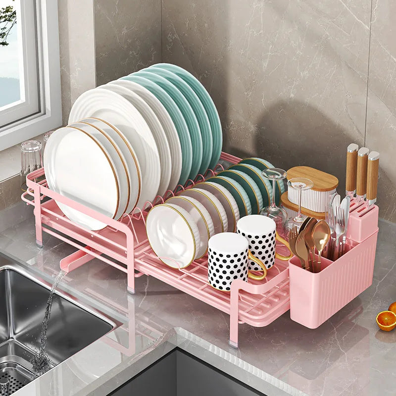 Retractable dish storage rack, tableware, cups, tableware and chopsticks, drain rack, household multi-functional kitchen rack Oasis Select pink