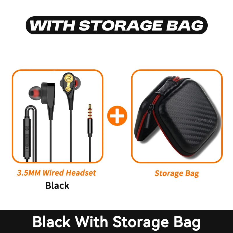 Double Moving Coil Headphones 3.5mm AUX With Mic Dynamic Headset In-Ear Music Gaming Sport Earbuds Bass Surround Shocking Sound Oasis Select Black With Bag