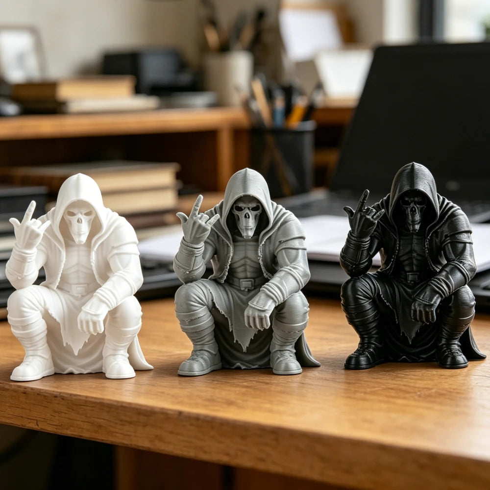Creativity Hooded Skull Figurine Ornaments Squatting Gothic Grim Reaper Statue Handicraft Desktop Ornament for Home Office Decor Oasis Select
