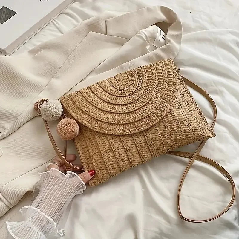 Handmade Straw Beach Shoulder Crossbody Bag Girls Envelope Woven Summer Small Hair Ball Cluth Oasis Select