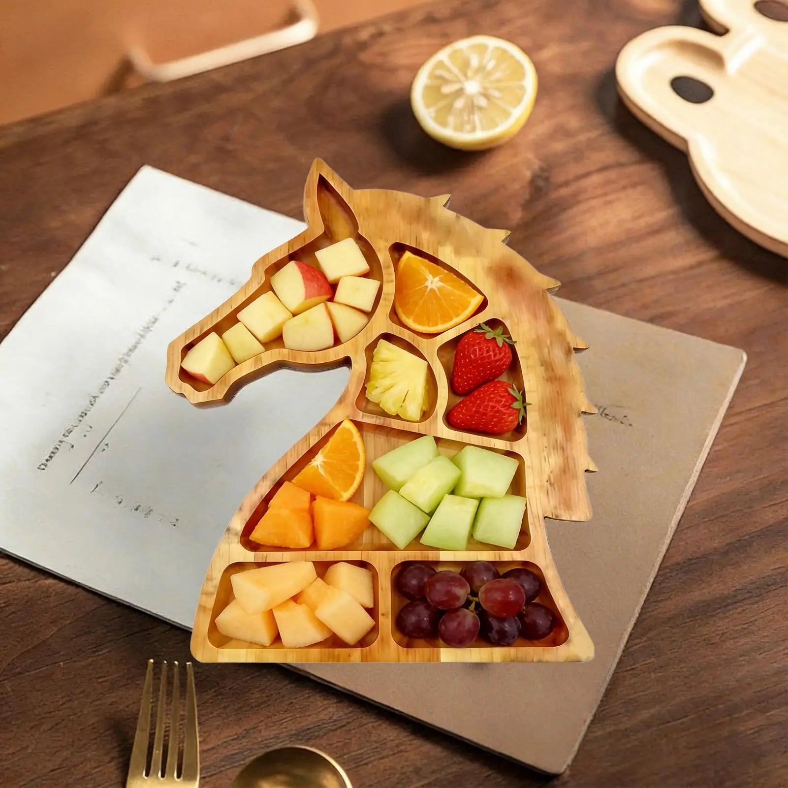 Wooden Serving Tray Horse Head Design Platters with Compartments Wood Decorative Tray for Candy Charcuterie Cookie Cupcake Fruit Oasis Select