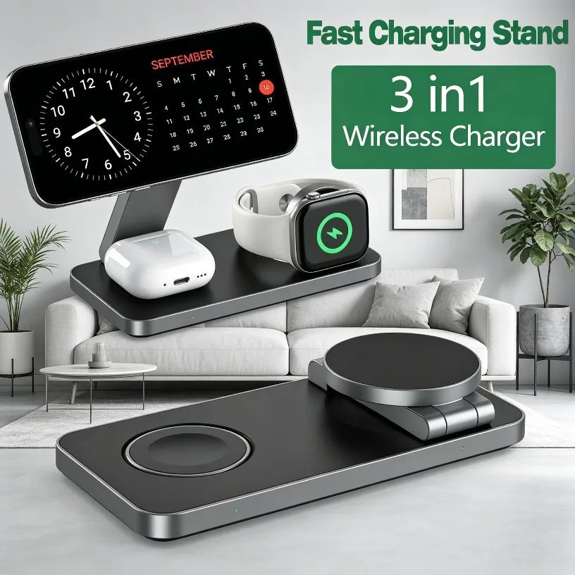 15W Fast Charging Foldable 3 in 1 Charging Station For iPhone17 16 Pro Max 15 14 13 12Watch AirPods For MagSafe Magnetic Charger Oasis Select