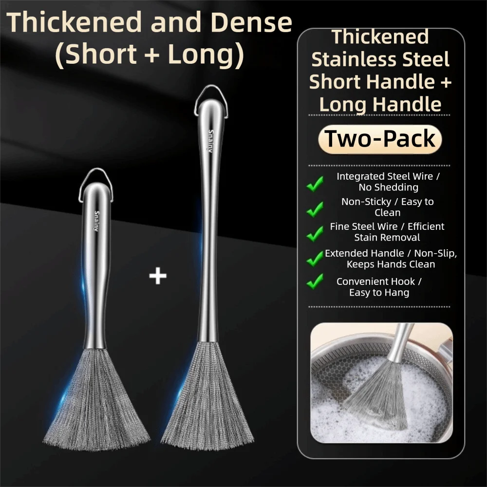 Stainless Steel Kitchen Cleaning Brush Long Handle Anti-Rust Dish Washing Brush One-piece Molded Steel Wire Pot Cleaning Tool Oasis Select Short-Long