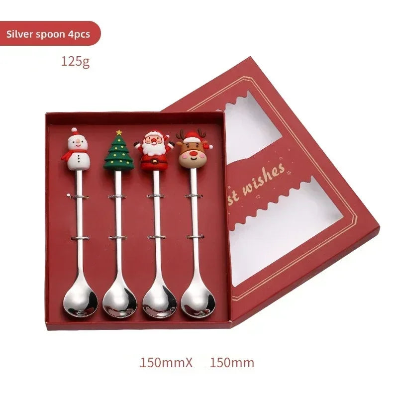 4/6PCS Coffee Spoons and Forks Set Creative Stainless Steel Fruit Fork Coffee Spoon Christmas Gifts for Kids Red/Green Gift Box Oasis Select Silver spoon 4pcs