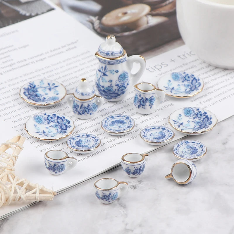 15Pcs 1:12 Dollhouse Miniature Tableware Porcelain Ceramic Tea Cup Set High Quality Oasis Select
