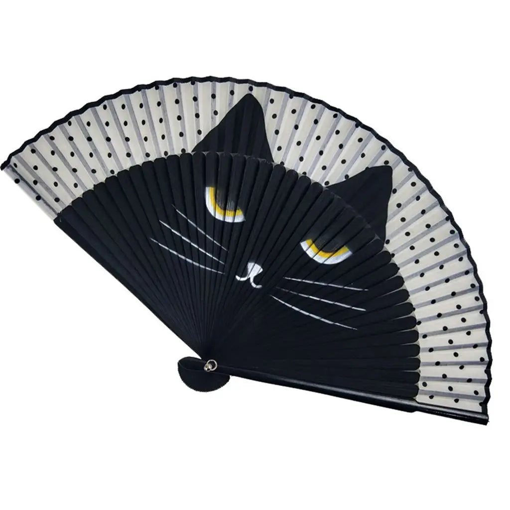 Popular Lovely Chinese Style Quality Plastic Cartoon Summer Gift Cat Patterns Folding Fan Fan Crafts Home Decoration Silk Fan Oasis Select black