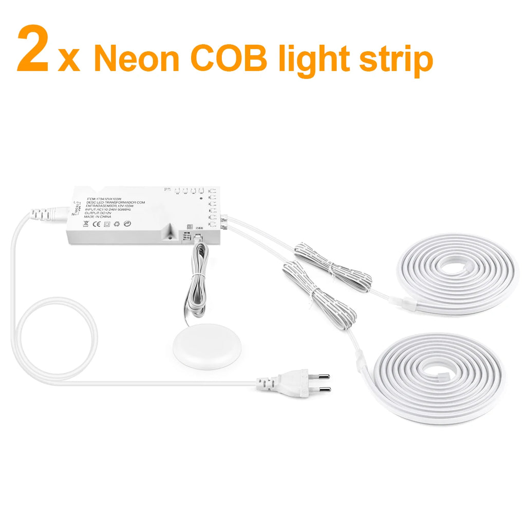 AC100V-240V to 24V Touch Control Swtich Dimmable COB LED Neon Strip Light for Multiple Closet Soundproof Panel Souvenir Cabinet Oasis Select 2PCS LED Neon Strip Neutral White European Power Plug|5m