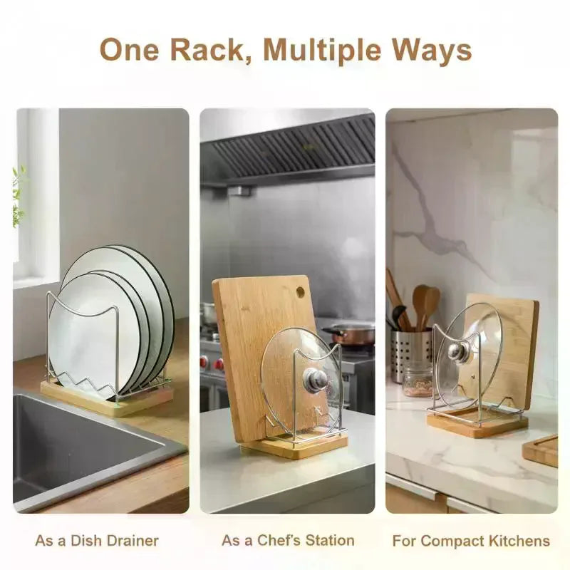 Stainless Steel Pot Lid Organizer with Wooden Drip Tray