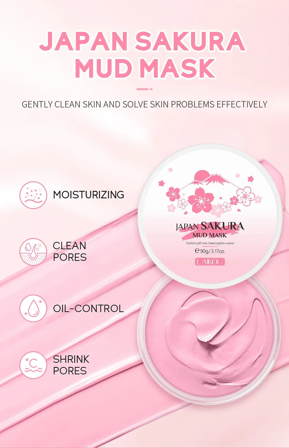 Laikou Sakura Mud Mask Deep Cleansing Oil Control Balance Antioxidan Shrink Pores Remove Blackheads Refreshing Facial Mask90/25g Oasis Select