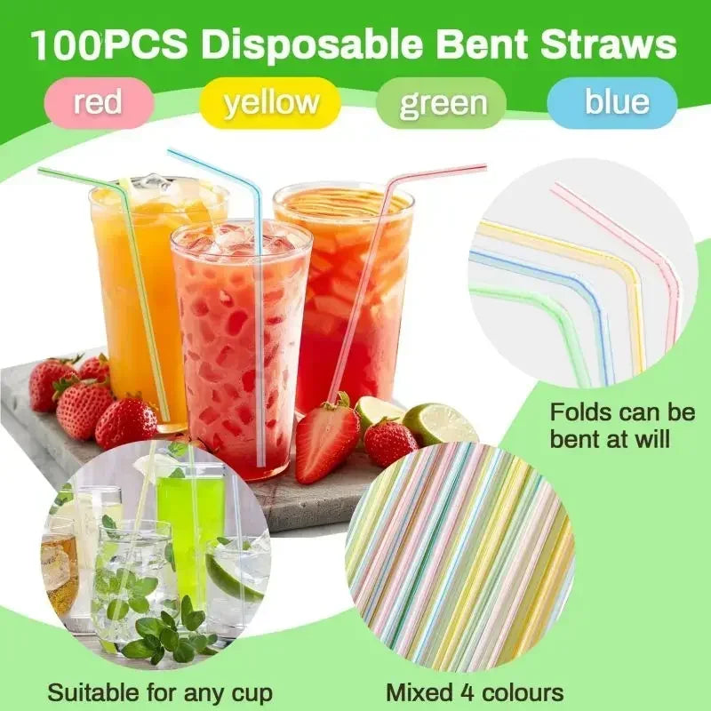 Disposable Plastic Curved Drinking Straws Reusable Child Straw for Drinks Colorful Drinking Tube Multi-time Straw Party Supplies Oasis Select