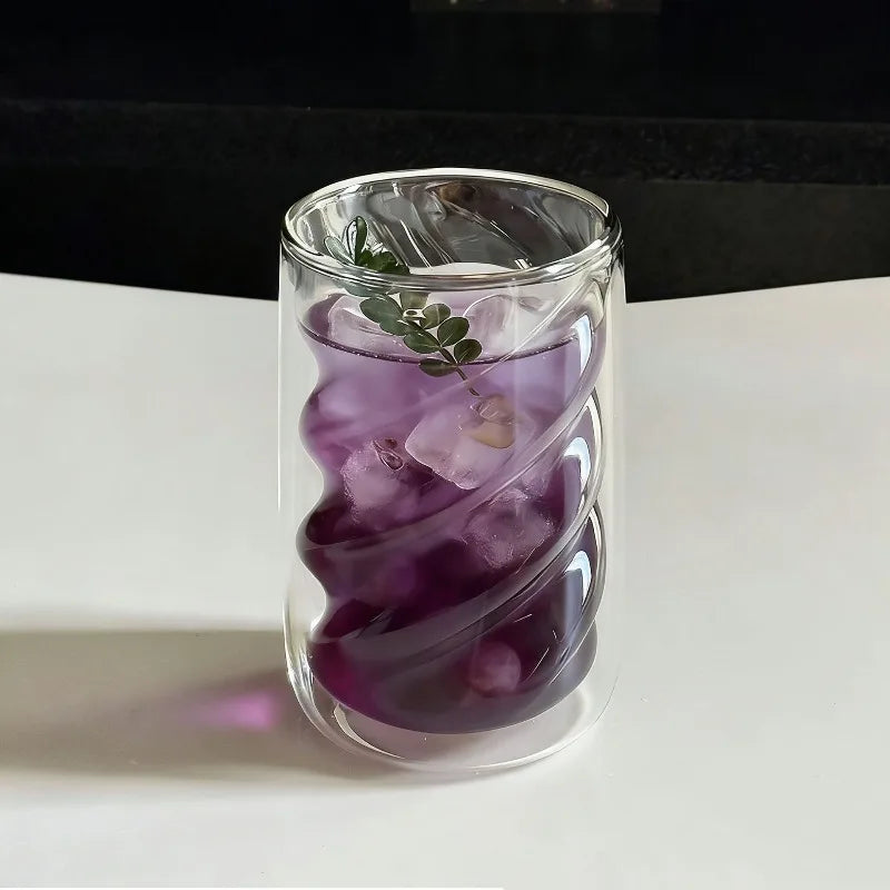 Double Wall Spiral High Borosilicate Glass Tumbler with Straw, Heat Resistant Anti-scald Reusable Cup for Iced Coffee Milk Juice Oasis Select