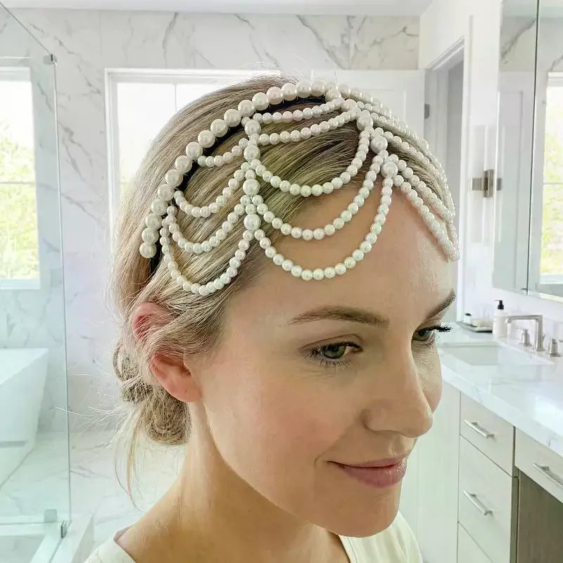 Vintage Pearl Headband – Layered Beaded Bridal Hair Hoop Bridal Hair Headband Oasis Select